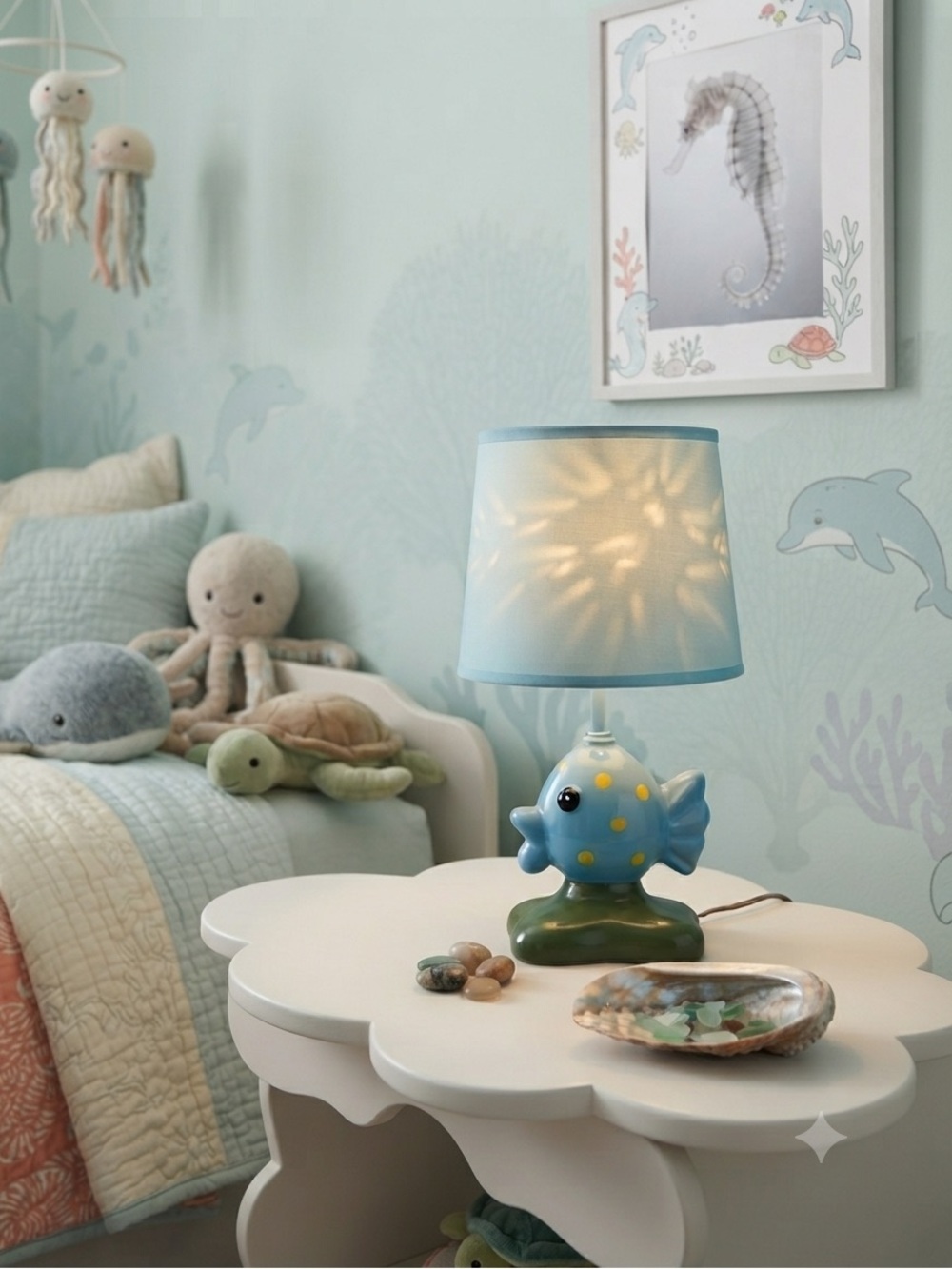 Blue Fish Table Lamp with Blue Shade, Ocean, nautical theme Home Accents